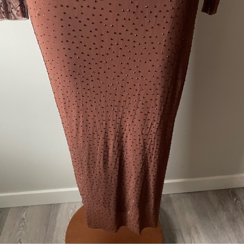 AFRM Shailene Rhinestone Turtleneck Dress Midi Embellished Mesh Brown Medium - Picture 9 of 11